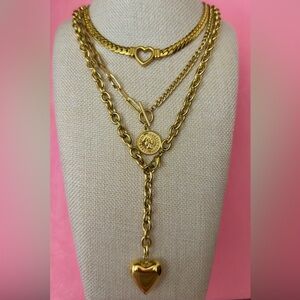 Gold Heart Necklace Layered Coin & Chain Heart Pendant Necklace Set